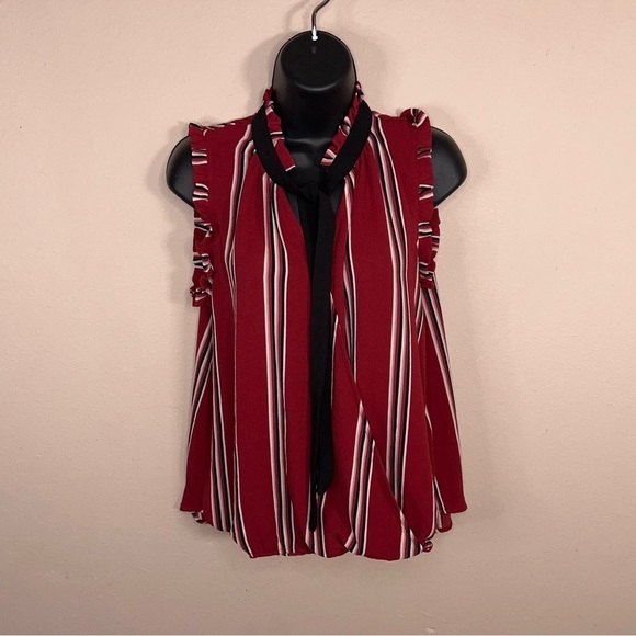 Medium Burgundy Red Striped Blouse Ruffle Accent Tie Neckline Accent Sleeveless - Picture 11 of 13